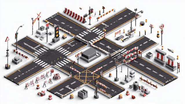 Isometric City Intersection with Vehicles and Pedestrians.