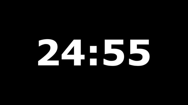 25 minute Countdown timer. Minimalist digital timer displaying twenty five minutes countdown on black. Bold white digital clock counting down from twenty five minutes.