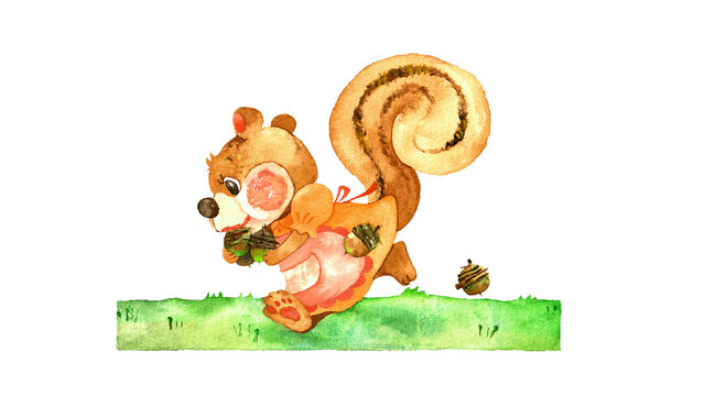 どんぐりを拾って走る可愛いリスの秋の横長手描き水彩イラスト素材
Cute horizontal autumn watercolor illustration of a squirrel running with acorns