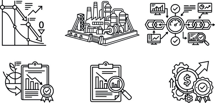 Industrial Analytics and Carbon Emissions Reduction Performance Icons Set