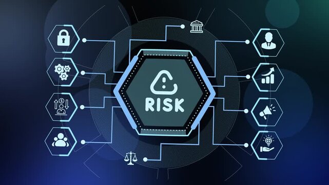 Risk management and vulnerability assessment concept displaying a warning icon inside a secure digital network.