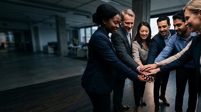 Diverse business team putting hands together for unity in office