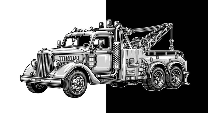 Vintage tow truck illustration in grayscale.