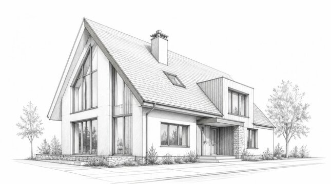 Pencil sketch architectural drawing of a modern family house with gabled roof.