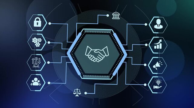 Corporate partnership and strategic business alliance concept with handshake icon on a digital network background.