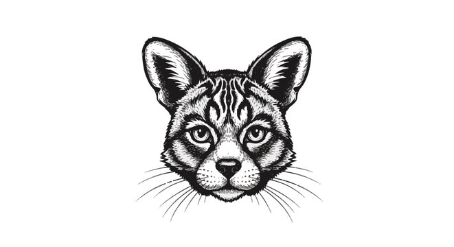 Detailed black ink scratch texture illustration of an ocelot wild cat head portrait, high contrast hand-drawn feline face with realistic fur patterns and whiskers on a white background.