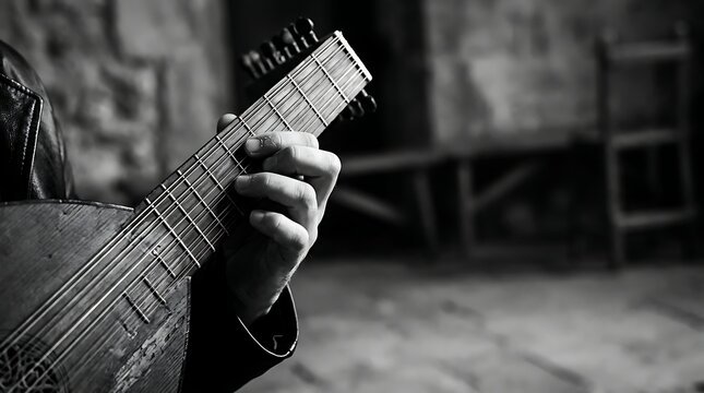 Musician playing a vintage lute in a rustic black and white setting