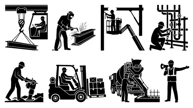 Black silhouette icons of construction workers.