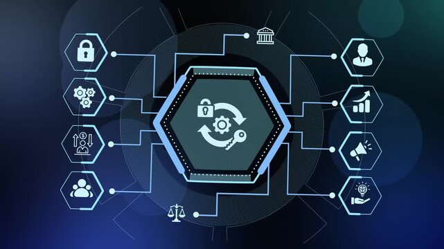  Cyber security data synchronization background featuring a central lock and gear update cycle network.
