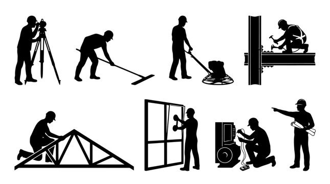 Silhouette icons of construction workers at labor.