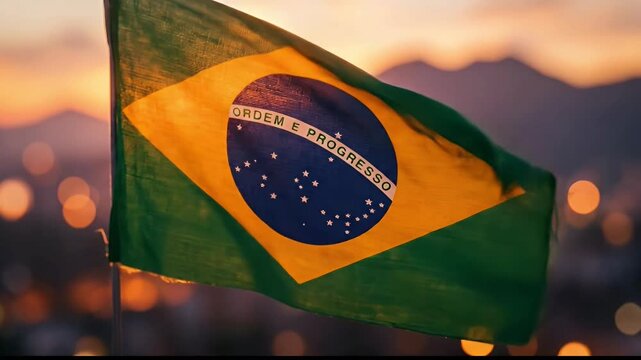 Brazil national flag waving in wind with blurred bokeh city lights at golden sunset