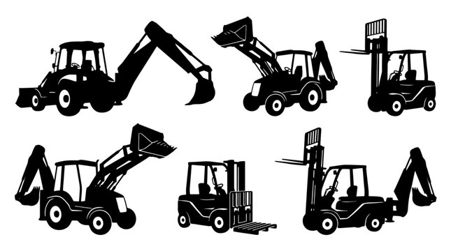 Silhouettes of various construction vehicles and forklifts.