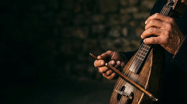 Musician playing a traditional wooden string instrument with a bow
