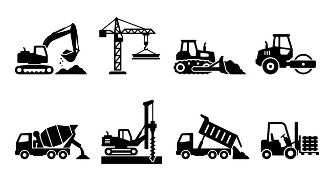 Black silhouettes of construction vehicles and equipment.