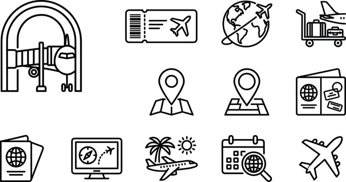 Airport flight travel tourism line icon set featuring jet bridge boarding pass ticket globe luggage trolley map pin passport screen calendar airplane vector graphic design concept elements.