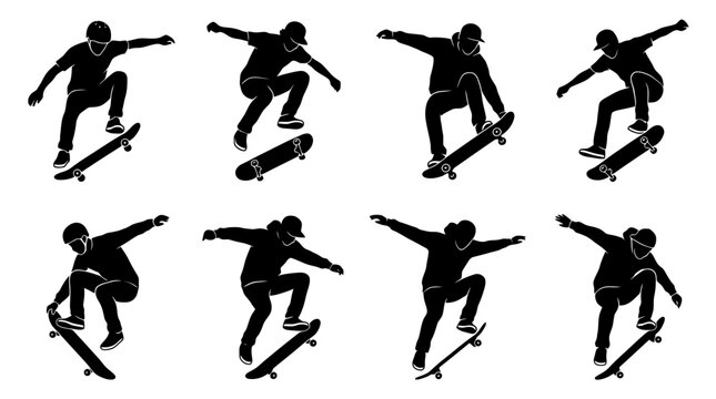 Silhouette illustrations of skateboarders performing tricks.