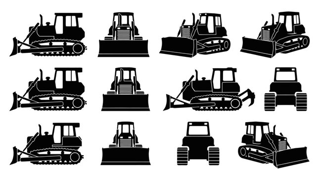 Collection of bulldozer silhouettes in various positions.