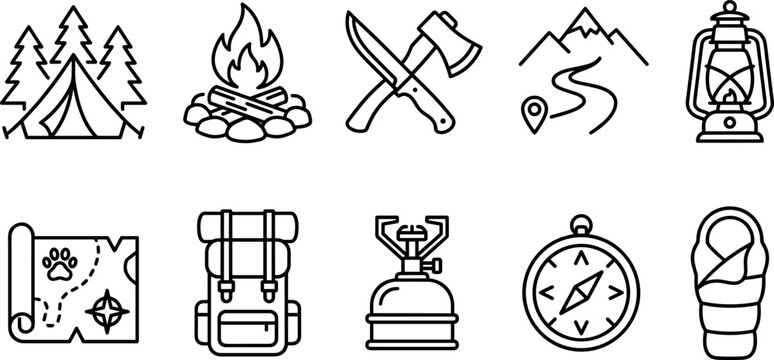 Camping outdoor adventure line icon set featuring tent forest campfire ax knife mountain trail lantern map backpack stove compass sleeping bag vector graphic design.