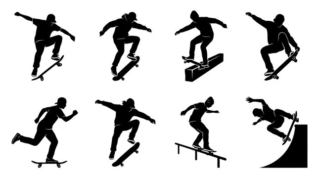 Silhouette illustrations of skateboarders performing tricks.