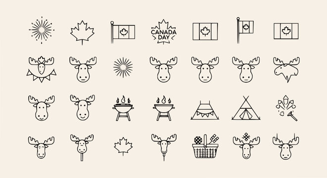 Canada Day Icons: Maple Leaf, Flag, Moose, BBQ, Tent, Fireworks - Vector Set