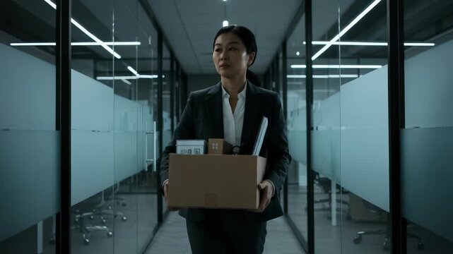 Woman fired from job walks down office hallway carrying box of belongings