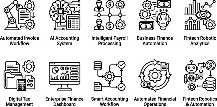 Fintech business automation and smart enterprise accounting financial workflow line icon set