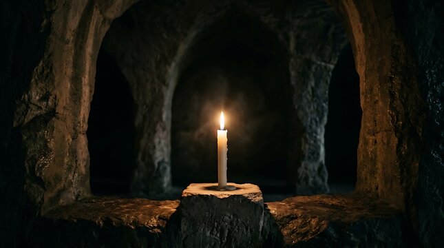 Burning candle on a stone altar in a dark ancient crypt