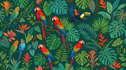 Fototapeta premium Vibrant Tropical Jungle Illustration featuring Colorful Parrots and Toucan Amidst Lush Exotic Foliage and Blooming Flowers, Evoking a Serene Rainforest Habitat