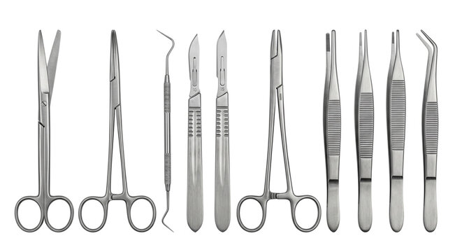 Surgical Instruments Set: Scalpels, Forceps, Scissors, Dental Tools on White Background