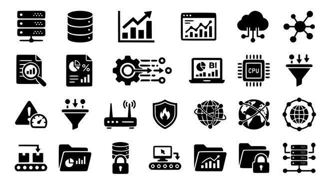 Data analytics and big data solid icon set vector illustration
