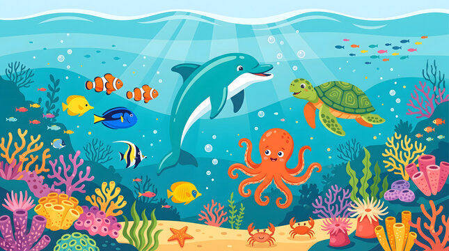 Vibrant underwater ocean scene illustration showcasing a playful dolphin, cheerful sea turtle, and diverse marine life thriving among colorful coral reefs