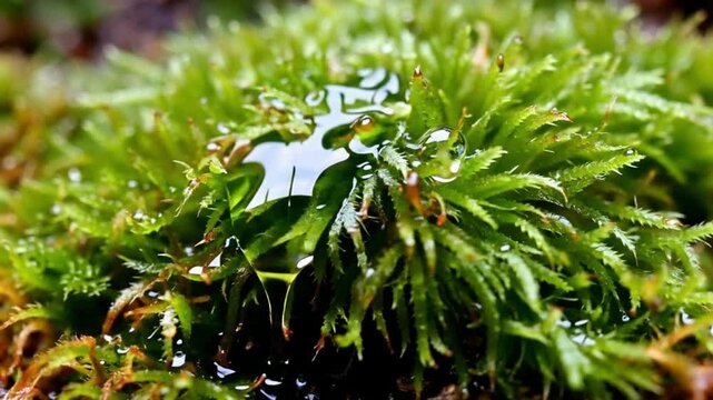 Macro shot of water dripping onto vibrant green moss, creating fresh droplets and a wet surface.