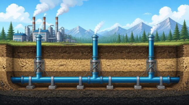 Underground pipeline system cross section diagram with factory.