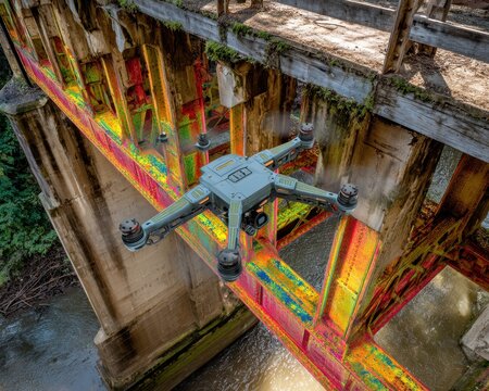 Advanced drone performs structural analysis on a decaying bridge, visualizing stress with colorful finite element data overlay. Futuristic infrastructure inspection technology.