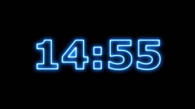 glowing neon 15 minute Countdown. neon 15 to 14 minute Countdown timer on black background. Neon countdown timer 15 to 14 minutes on black background, glowing blue digits clock.