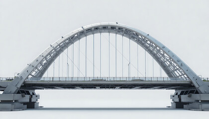 Fototapeta premium Modern Steel Arch Bridge Over Calm River in Minimalist Winter Landscape