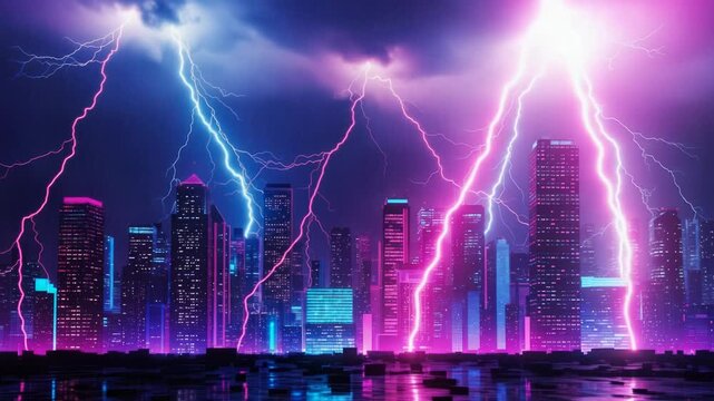 Neon Cityscape Under Lightning Storm, Futuristic Cyberpunk Metropolis