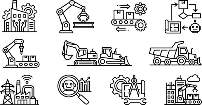 Smart industrial automation factory robotics and heavy construction machinery outline icon set