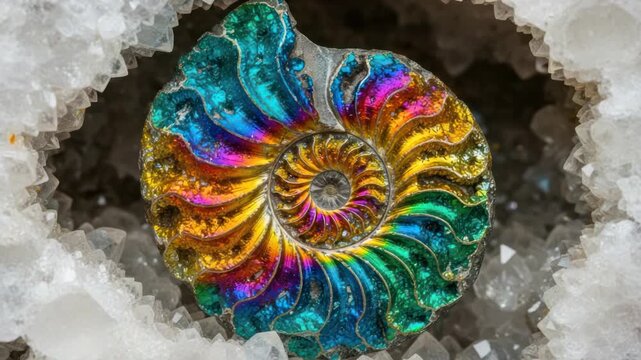 Rainbow Ammonite Fossil in Crystal Geode - Close-up Macro View