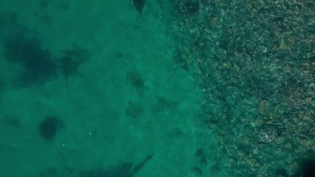 Top down view of crystal clear turquoise water transitioning over shallow rocky reef with visible seabed textures and algae formations beneath the surface