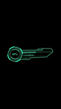 Futuristic loading bar progress indicator with digital holographic interface elements animation on black background showing incremental percentage growth for technology systems.