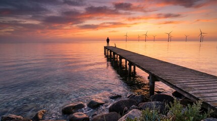 Obraz premium Golden Hour Serenity A Solitary Figure Gazes at the Distant Wind Turbines from a Wooden Pier Overlooking the Calm Sea