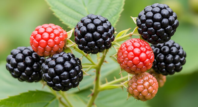 Fresh raspberries and blackberries on stems with leaves close up