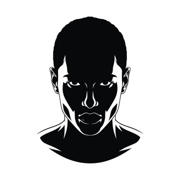 High contrast vector silhouette portrait of a young man with a buzz cut looking forward. Minimalist black and white graphic illustration isolated on white background.