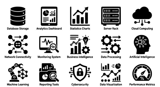 Data analytics and big data solid icon set vector illustration