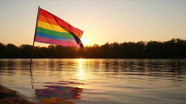 Pride month Rainbow flag over calm lake at sunset reflection symbol of pride peace and serenity on evening horizon with tranquil nature water scene and golden summer light