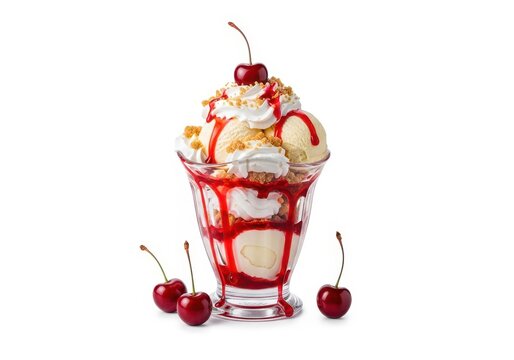 Colorful ice cream sundae with cherries in pixel art style