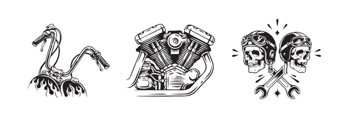 Biker elements set including chopper handlebars motorcycle engine and skull emblem with crossed tools for garage shop. © Monoara
