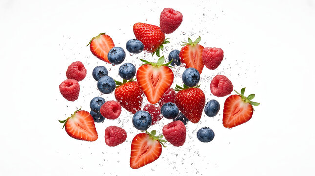 Fresh mix of strawberries, blueberries, and raspberries splashing in water droplets isolated on a white background, concept of healthy summer fruits.