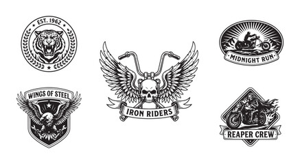 Motorcycle badges collection, vintage chopper designs, eagle wings, skull, and custom bike elements. © Monoara